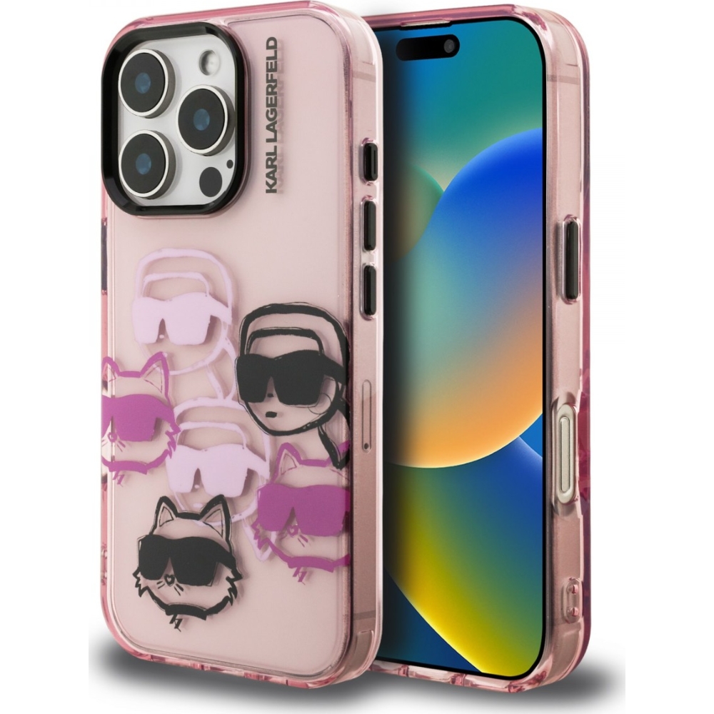 Etui o luksusowym designie, Karl Lagerfeld IML Multi K&C Head Pattern do iPhone 16 Pro Max, różowe
